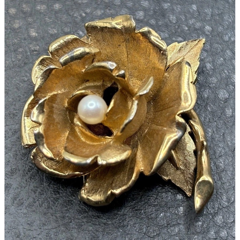Vintage Marcel Boucher 3D Rose Flower Brooch Faux Pearl Gold Plated